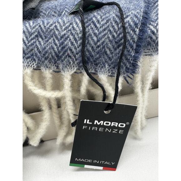 IL MORO FIRENZE Wool Cashmere Scarf Blue With Fringe Made Italy Winter Academia - Picture 3 of 5